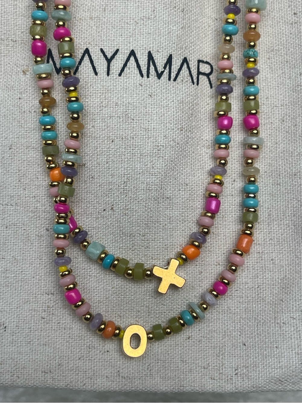 ‘X’ and ‘O’ Initial Pendants - Multicolor Beaded Necklace with Gold (set of 2)